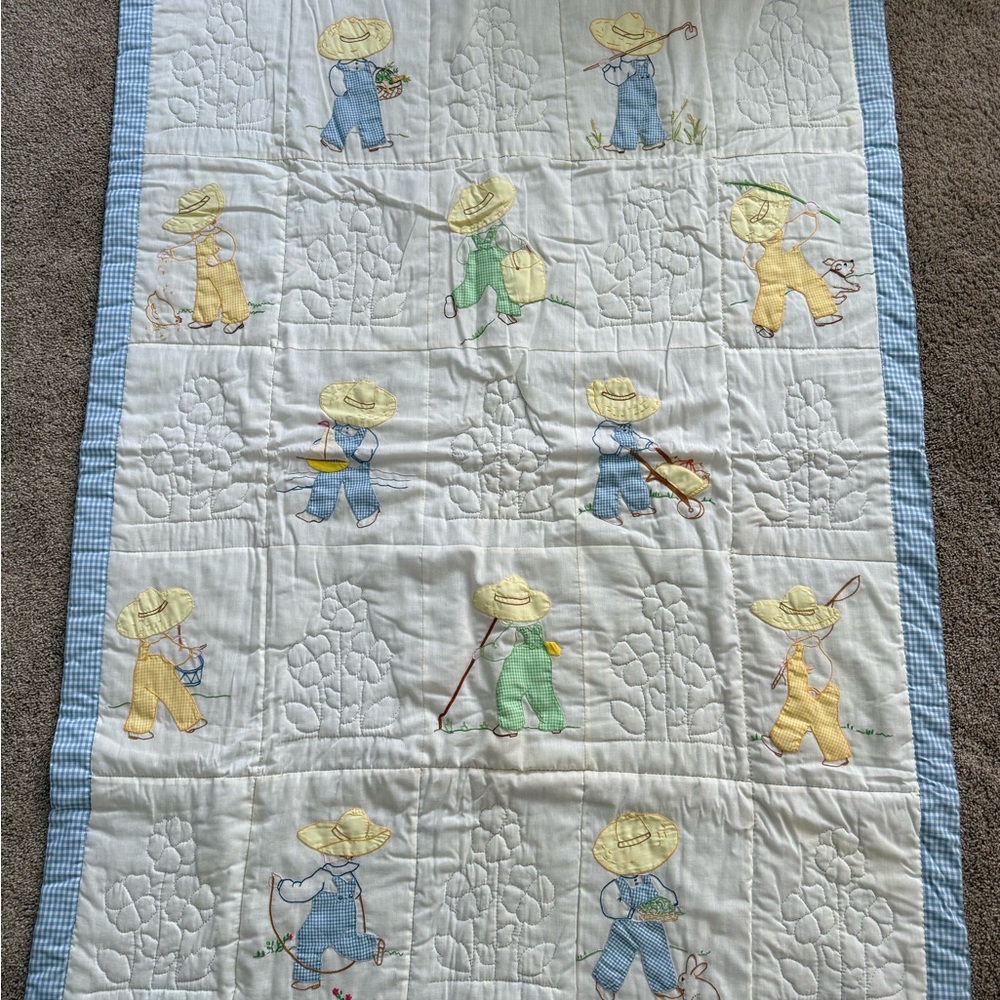 Children's Patchwork Quilt with Pastel Farm Boy Appliqué - White & Blue